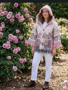 Upcycled Woven Blanket Coat S-M Pink Roses Handmade Dont Throw It Out